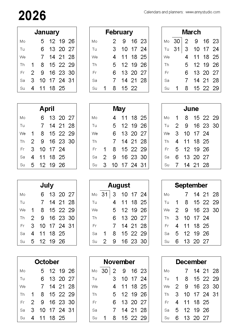 Free Printable Calendars And Planners 2026 And 2027 throughout 2026 Calendar Printable Small