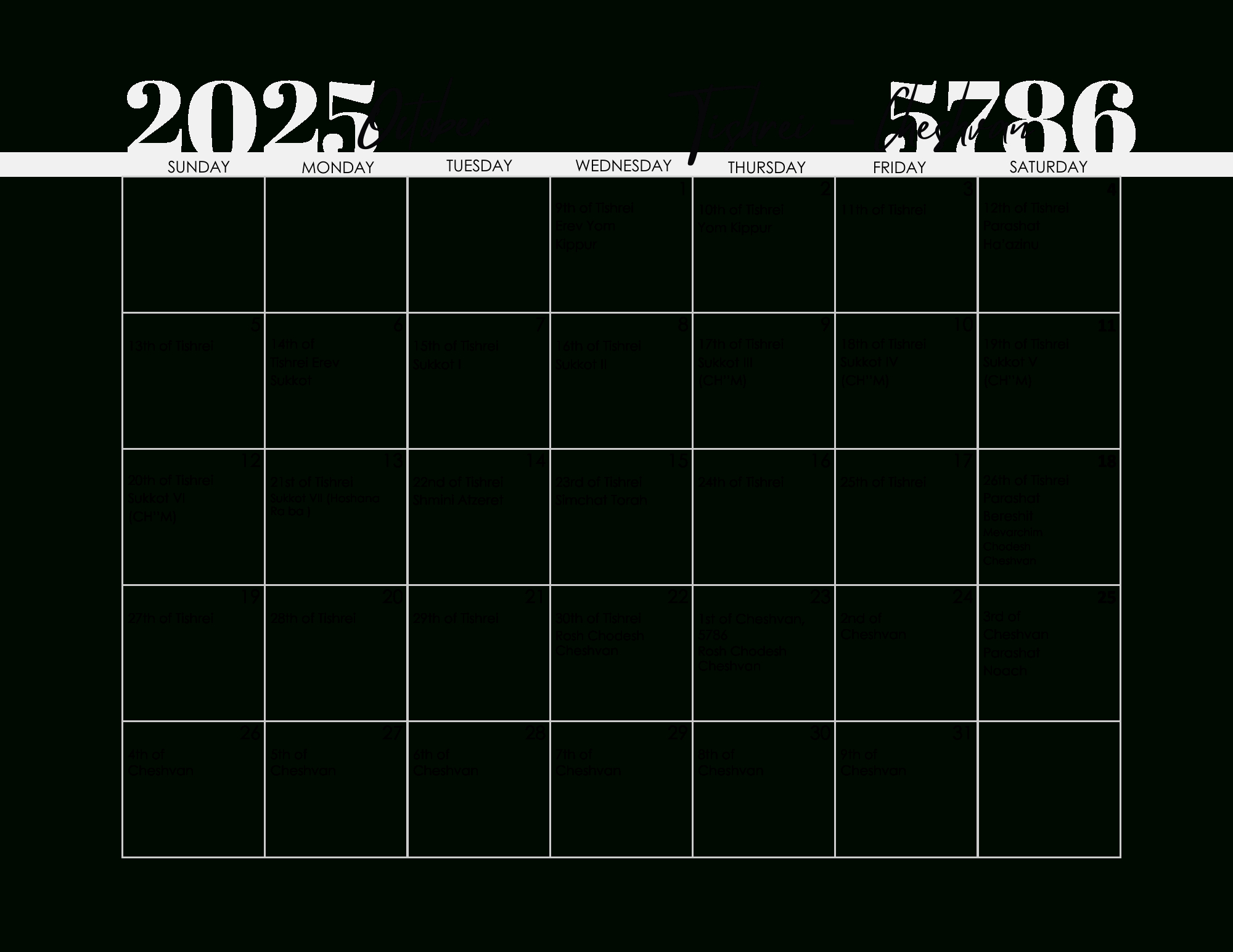 Free Printable Jewish Calendar 2025, 2026, 2027, 2028, 2029, 2030 in October 2025 Jewish Calendar