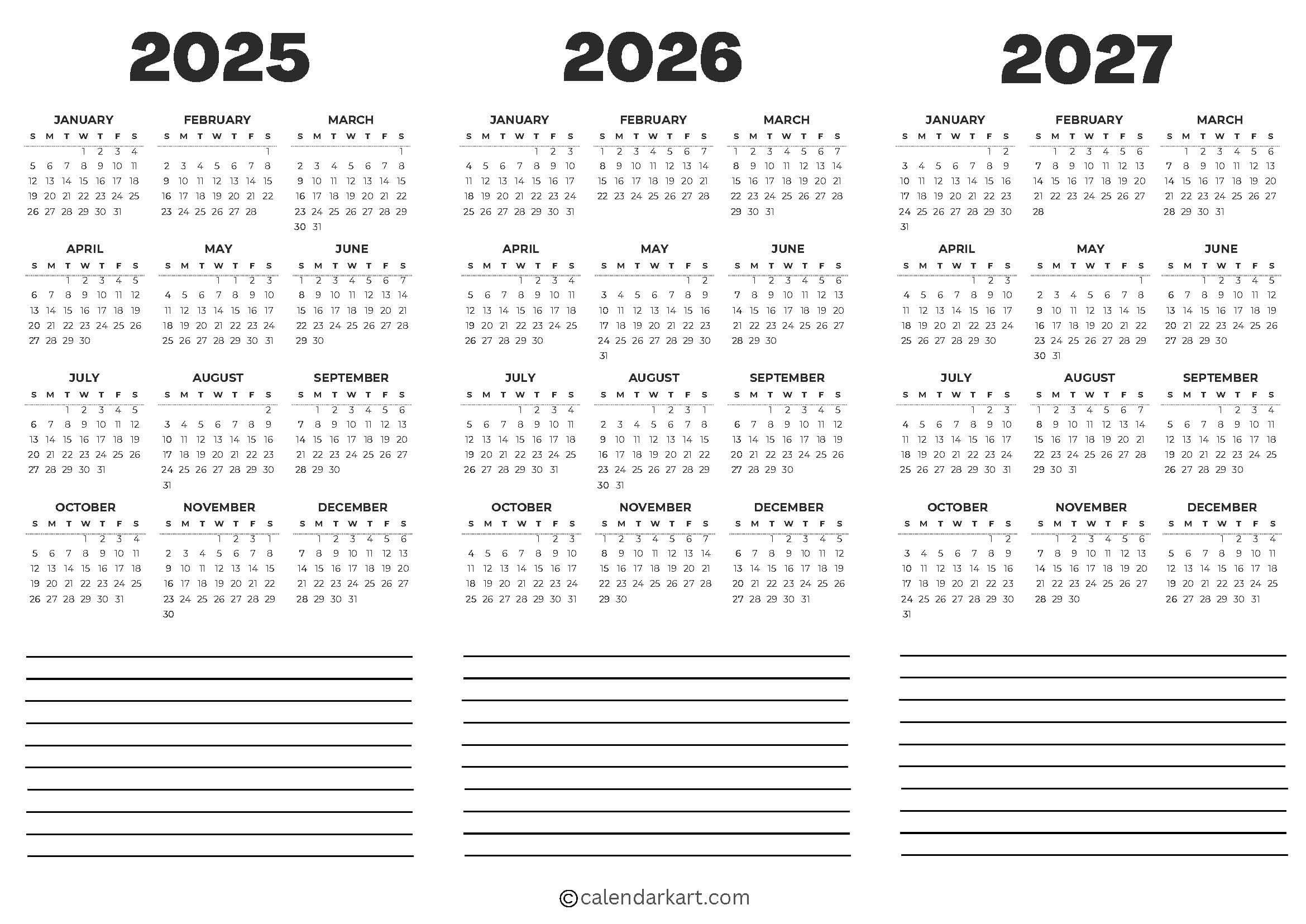 Free Printable Year At A Glance Calendar 2025 - Calendarkart intended for Printable 3 Year Calendar 2025 2026 2027