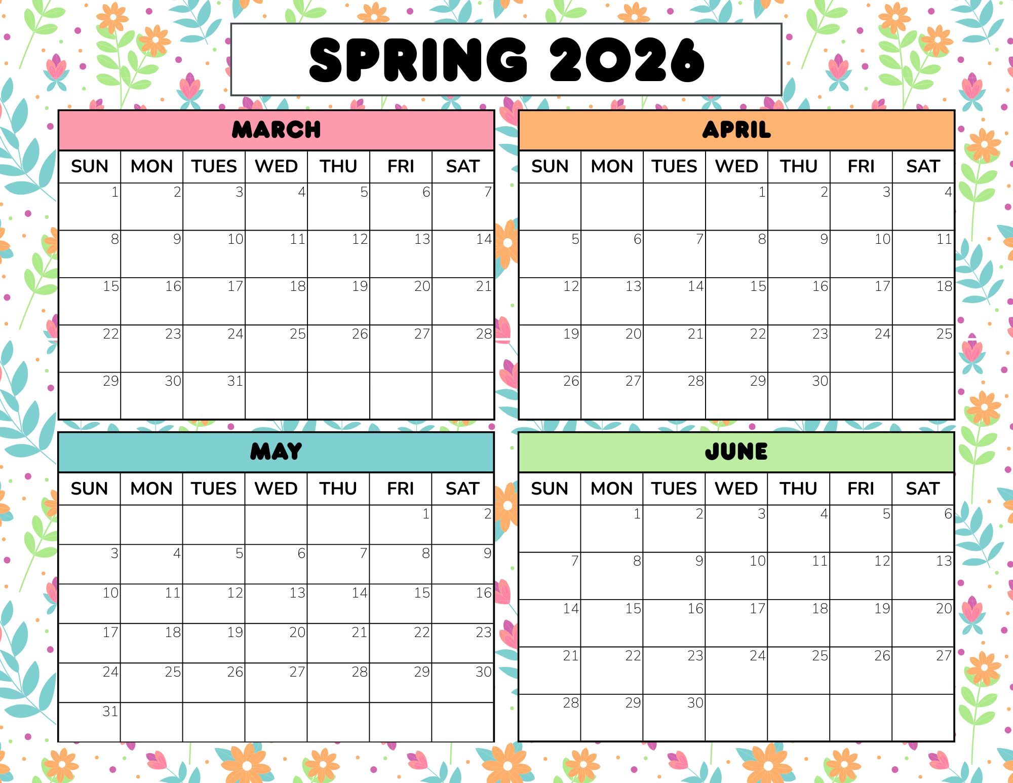 Free Spring Calendar Printable: 2026 &amp;amp; 2027 Pdf within Spring Break 2026 Calendar Printable