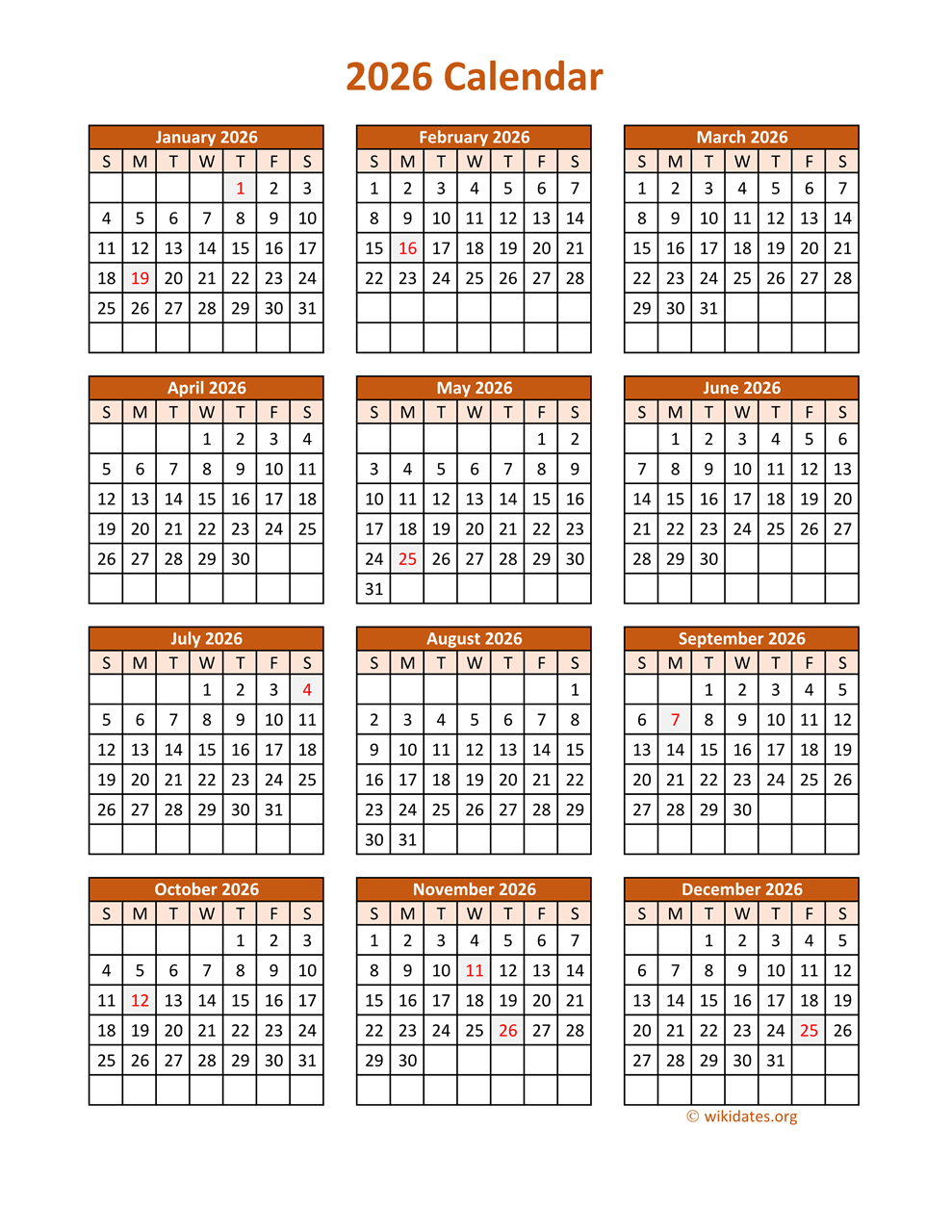 Full Year 2026 Calendar On One Page | Wikidates for 2026 Calendar Printable Wiki