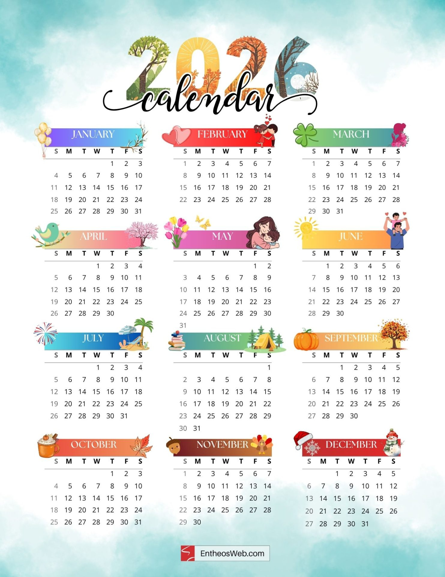 Full Year Printable 2026 Calendar – Free One Page Calendars with regard to Calendar 2026 Printable Free One Page