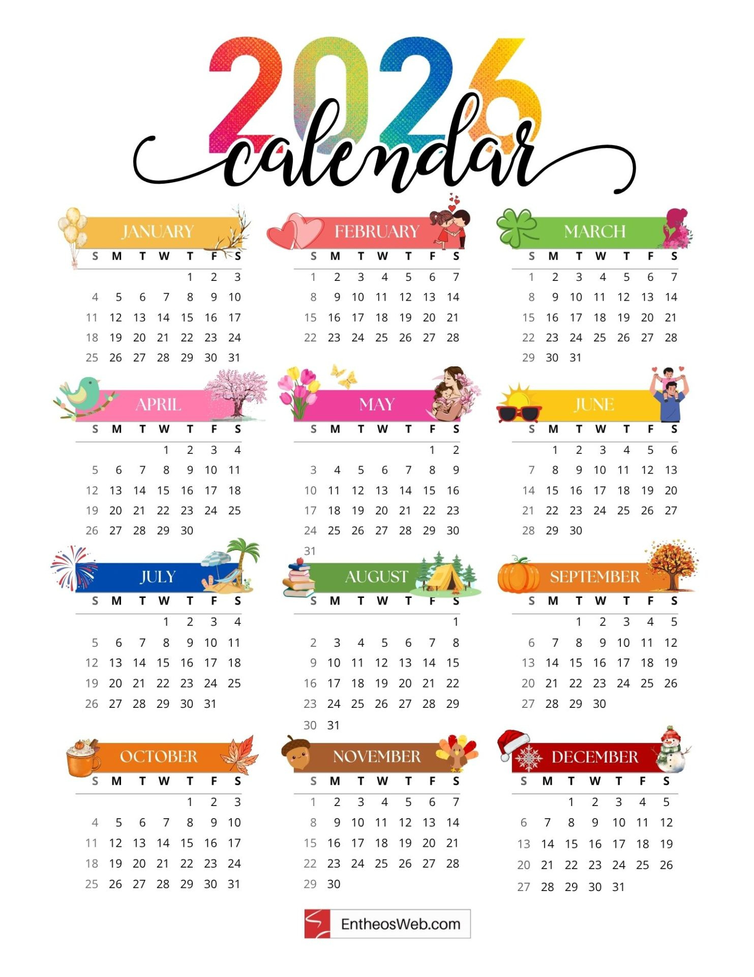 Full Year Printable 2026 Calendar – Free One Page Calendars within 2026 Calendar Free Printable One Page