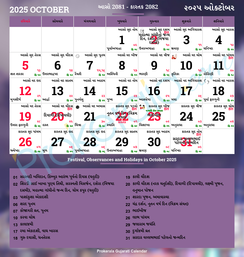 Gujarati Calendar 2025 | Gujarat Festivals | Gujarat Holidays 2025 regarding October Gujarati Calendar 2025