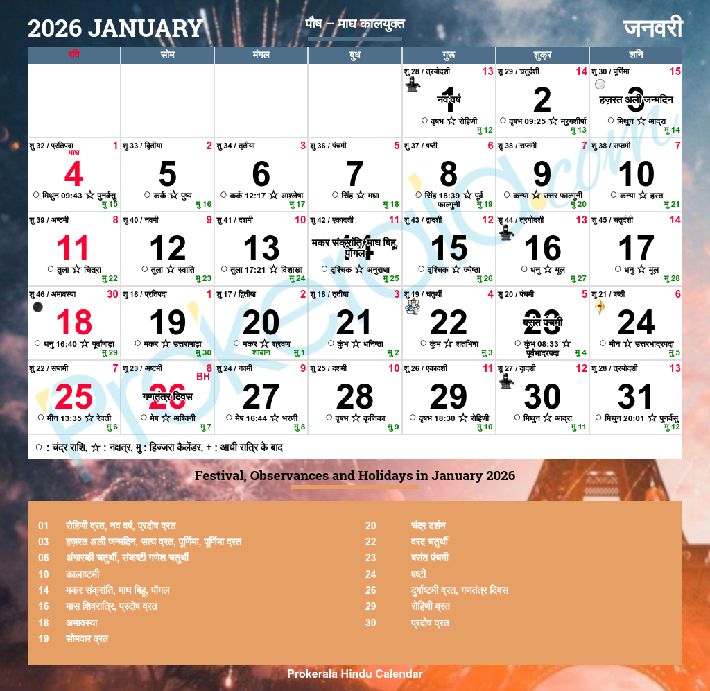 Hindu Calendar 2026, January inside Calendar For January 2026 with Holidays