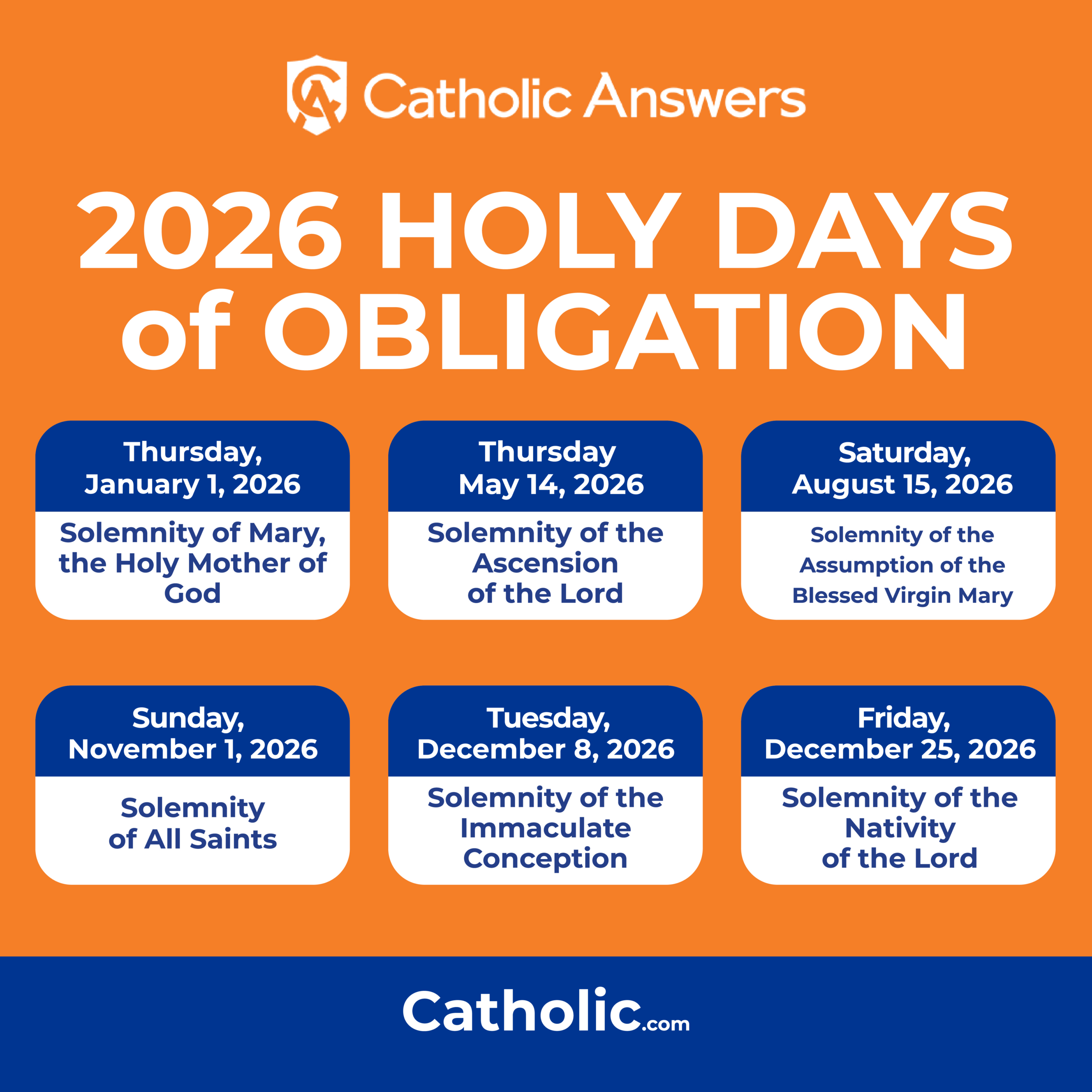 Holy Days Of Obligation 2025 & 2026 | List Of Catholic Holy Days for Catholic Holiday Calendar 2026