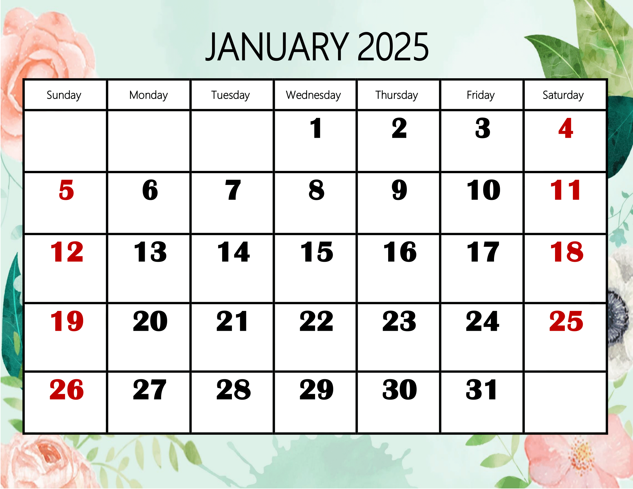 January 2025 Calendar Printable Pdf Template With Holidays with January To December 2025 Calendar Printable