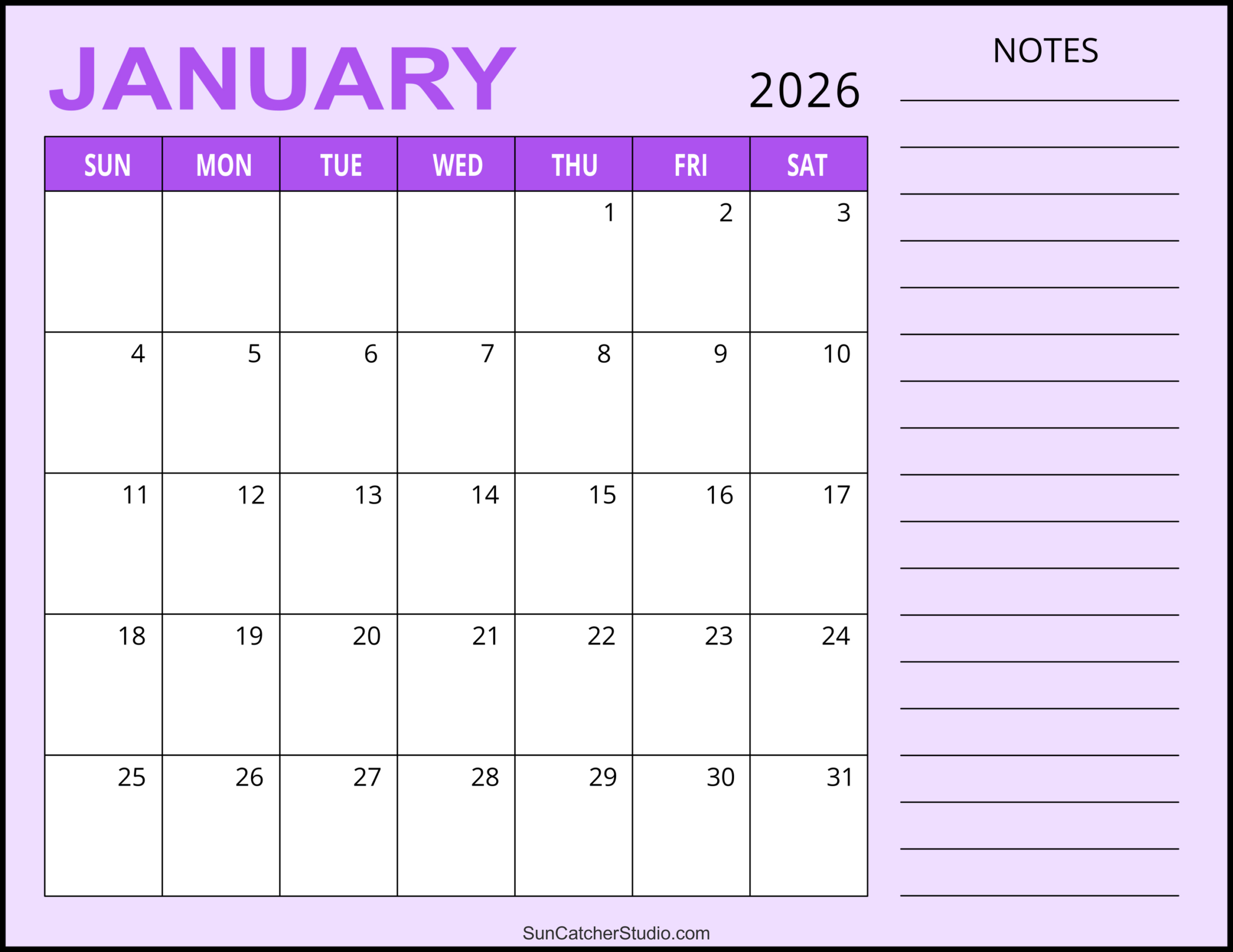 January 2026 Calendar (Free Printable) – Free Printables intended for January To December 2026 Calendar Printable