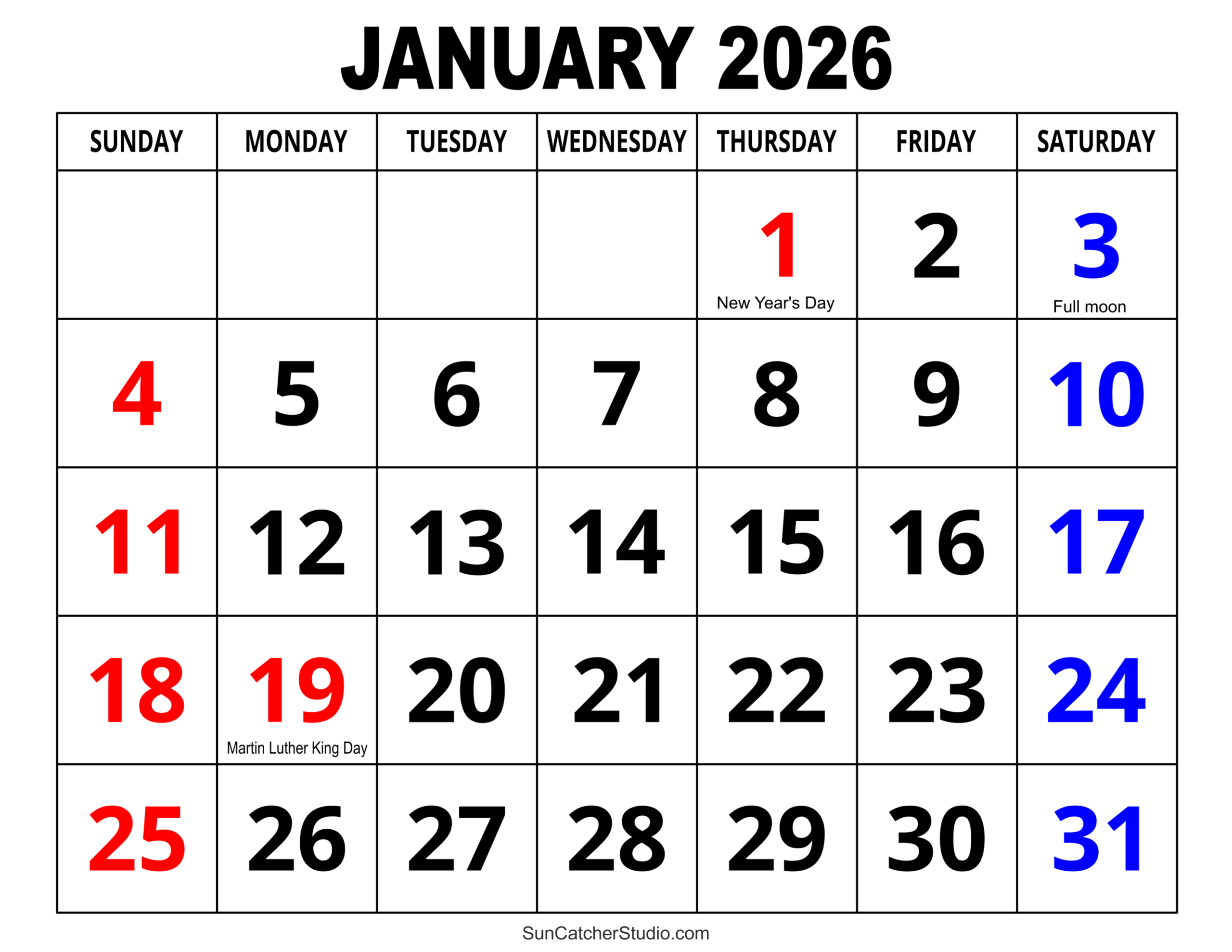 January 2026 Calendar (Free Printable) – Free Printables with Free Printable January 2026 Calendar Numbers