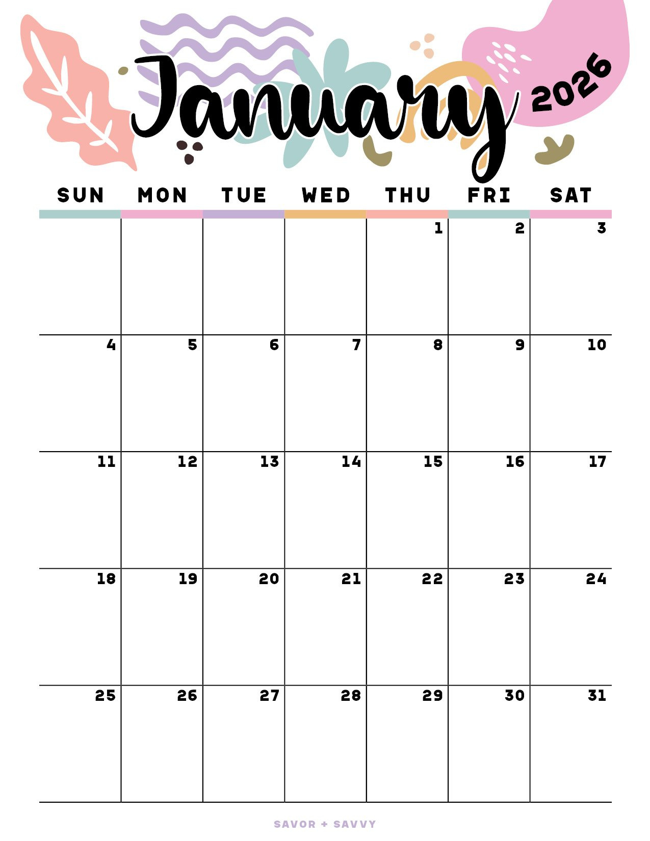 January 2026 Calendar Templates - 14 Free Printables - Savor + Savvy for January 2026 Calendar Printable Pink
