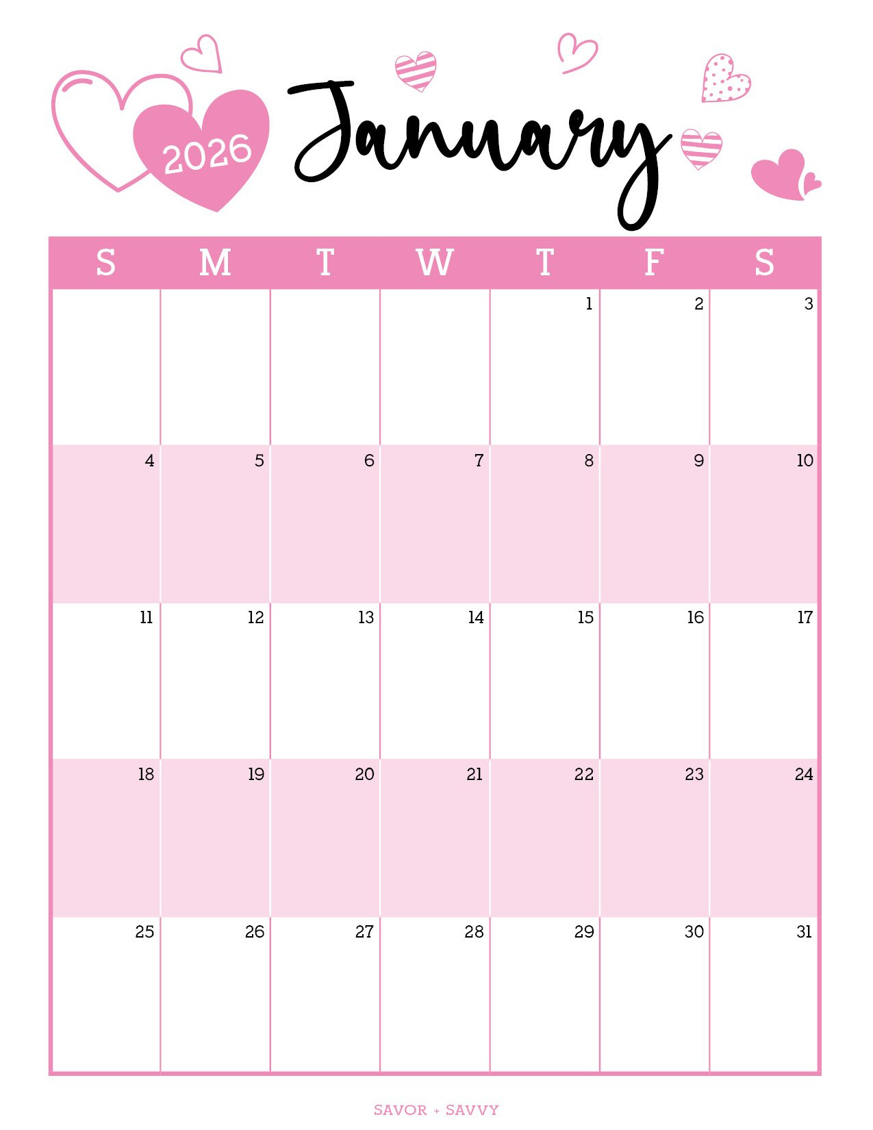 January 2026 Calendar Templates - 14 Free Printables - Savor + Savvy intended for January 2026 Calendar Printable Pink