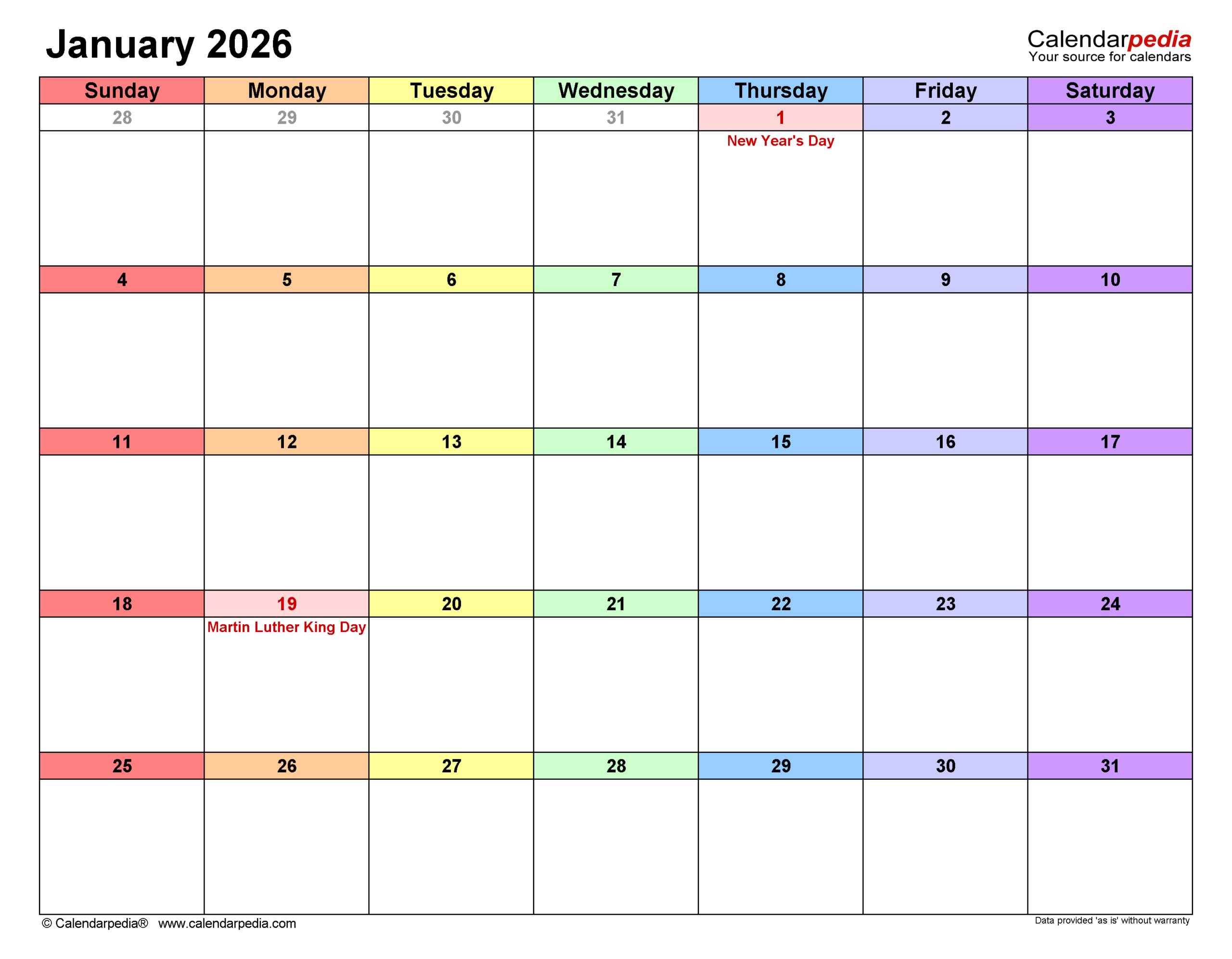 January 2026 Calendar | Templates For Pdf, Excel And Word in Staff Attendance For January 2026