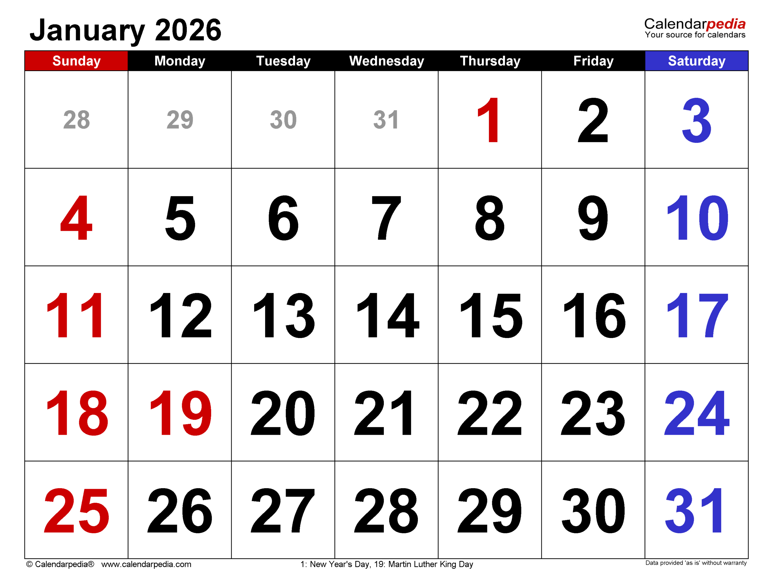 January 2026 Calendar | Templates For Pdf, Excel And Word pertaining to Calendar For January 2026 United States