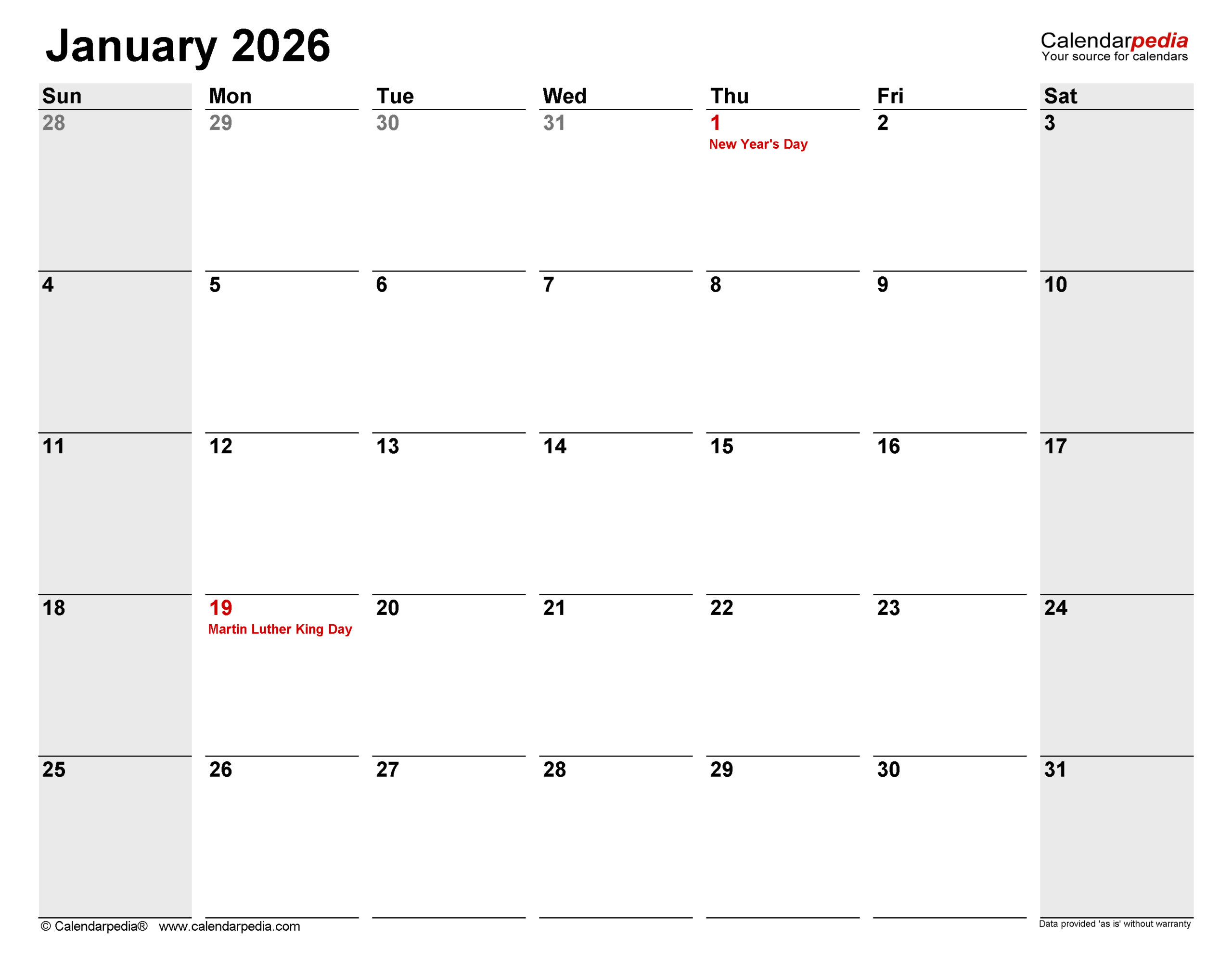 January 2026 Calendar | Templates For Pdf, Excel And Word throughout Staff Attendance For January 2026