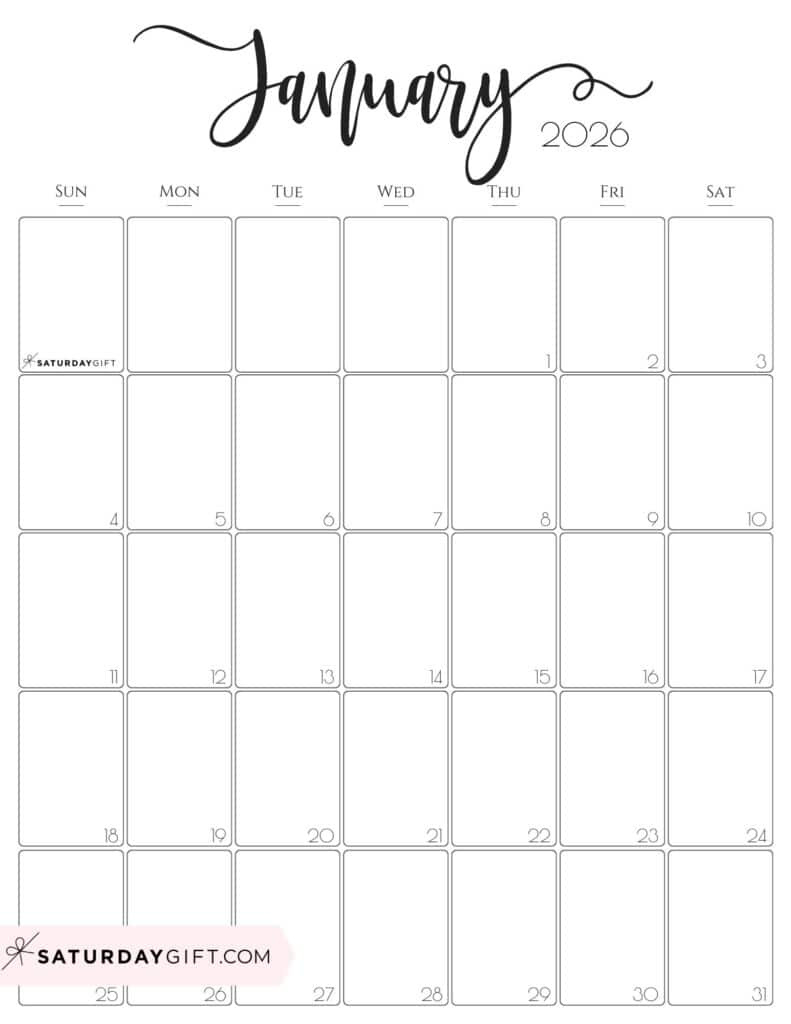 January 2026 Calendars - 23 Cute Free Printable Pdfssaturdaygift intended for Monthly Calendar 2026 Printable Free