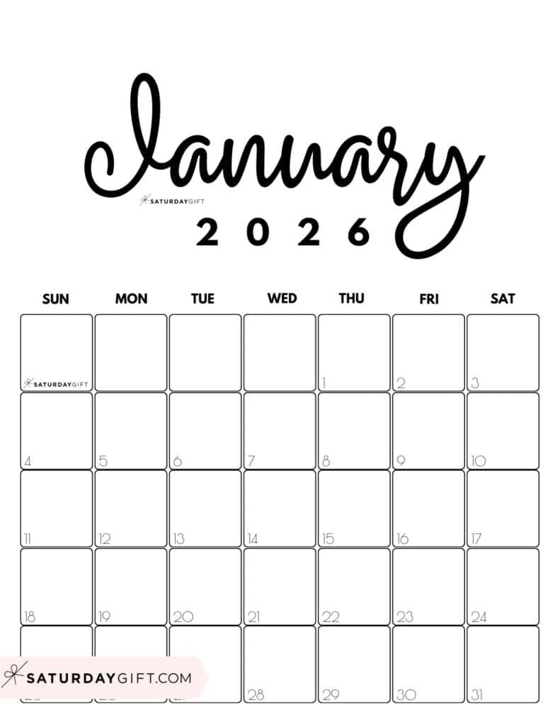 January 2026 Calendars - 23 Cute Free Printable Pdfssaturdaygift with regard to January 2026 Calendar Printable Vertical