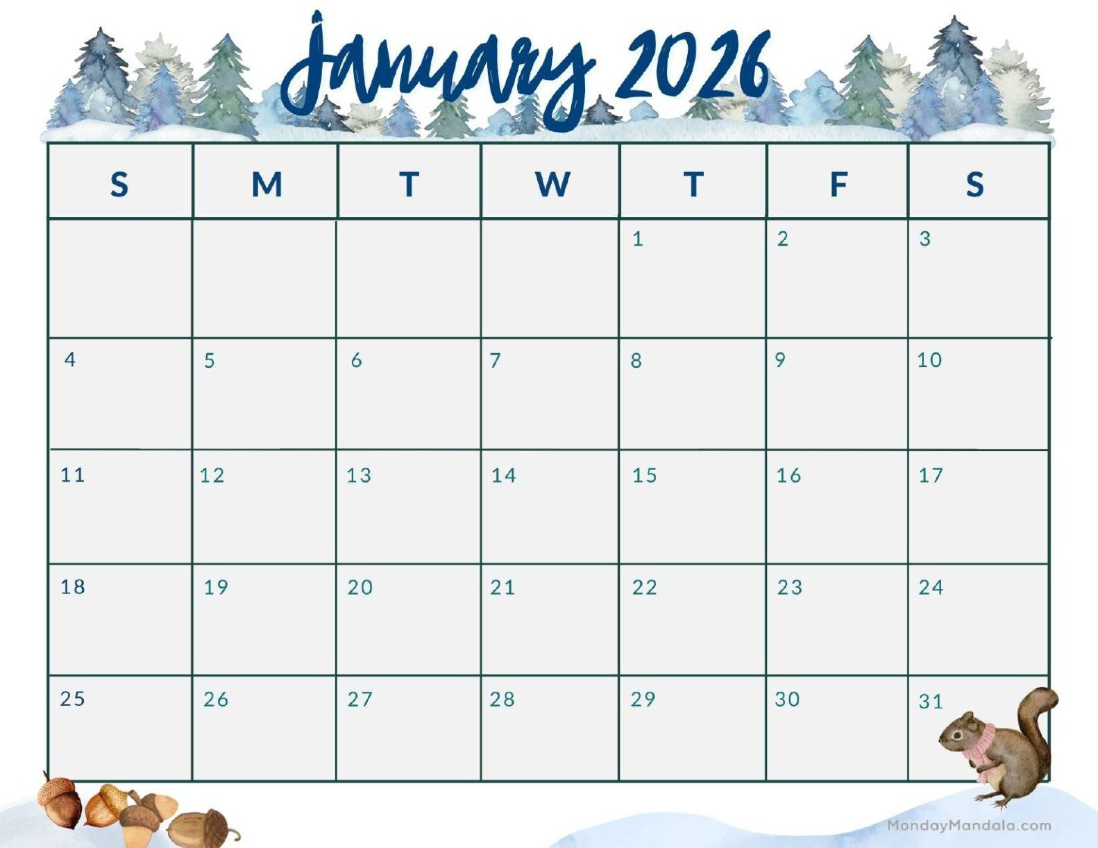 January 2026 Calendars (Free Pdf Printables) in Printable January Calendar 2026