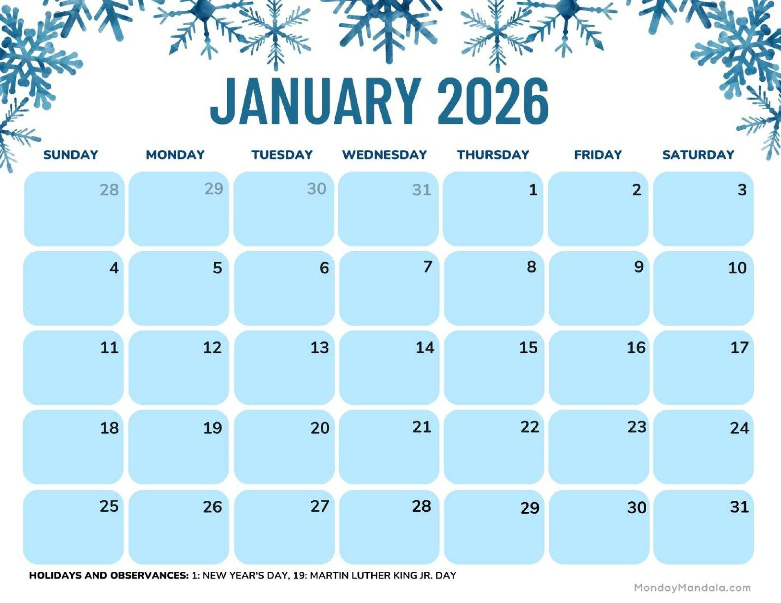 January 2026 Calendars (Free Pdf Printables) with January 2026 Calendar Printable Landscape