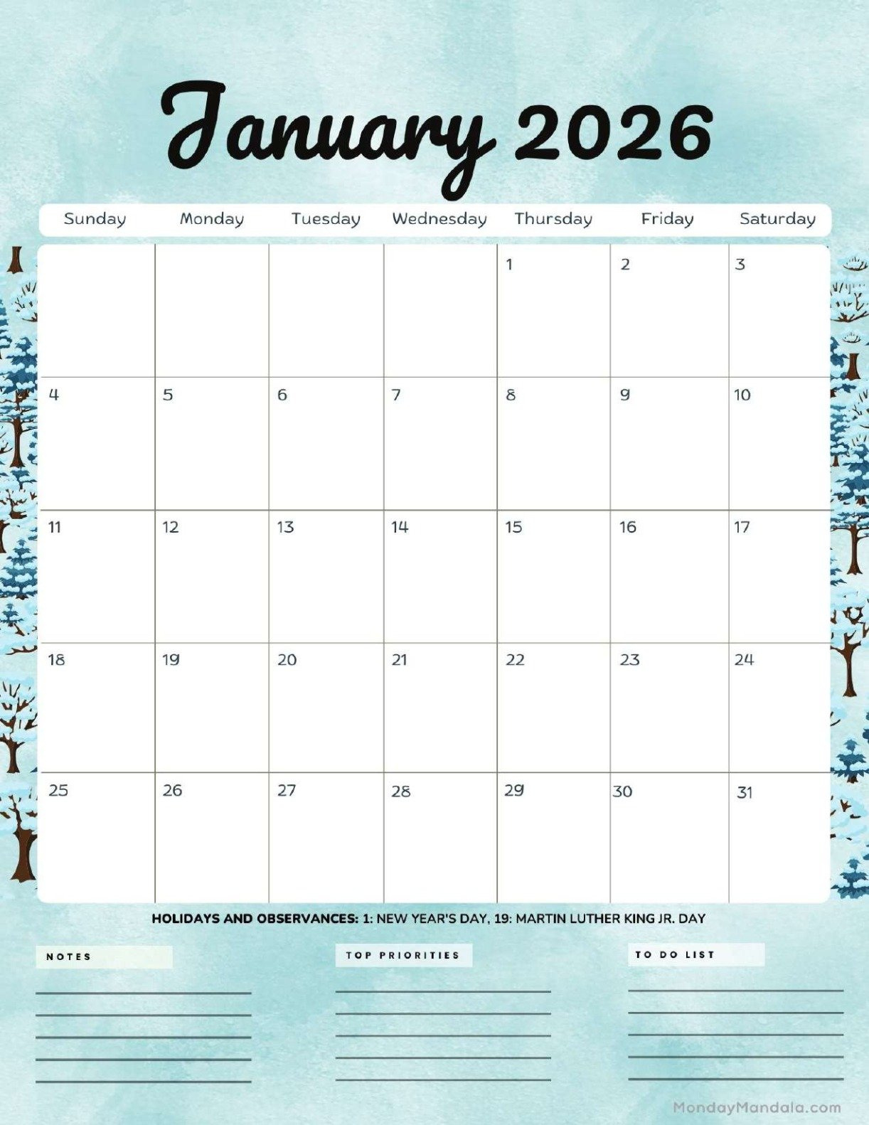 January 2026 Calendars (Free Pdf Printables) with January 2026 Calendar Printable Portrait