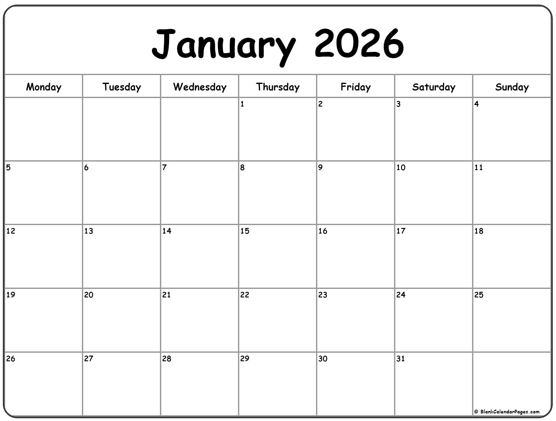 January 2026 Monday Calendar | Monday To Sunday intended for Calendar 2026 Printable Monday Start