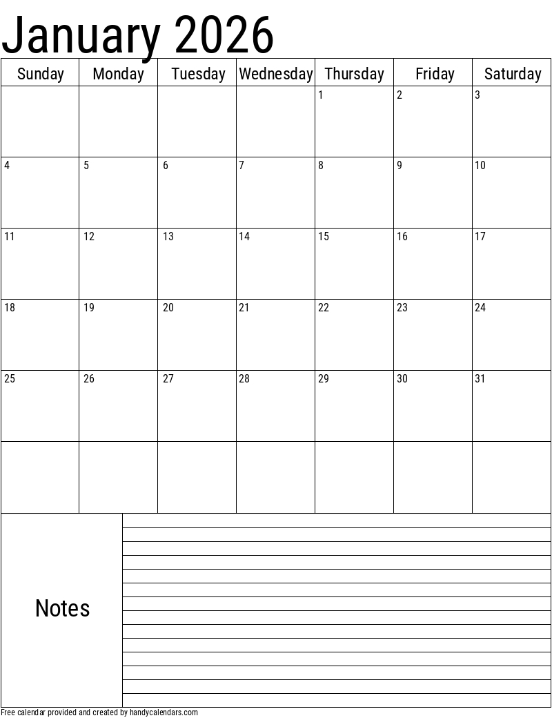 January 2026 Vertical Calendar With Notes - Handy Calendars with regard to 2026 Calendar Printable with Notes