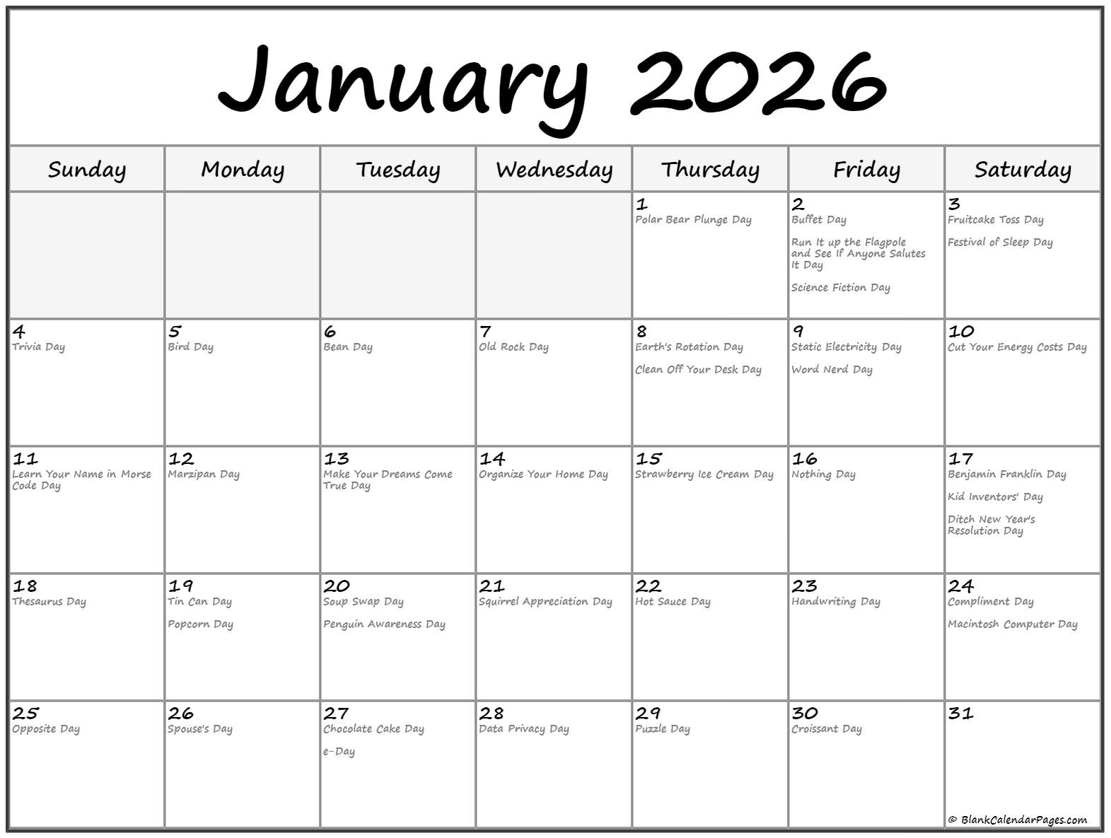 January 2026 With Holidays Calendar in January 14 2026 National Day