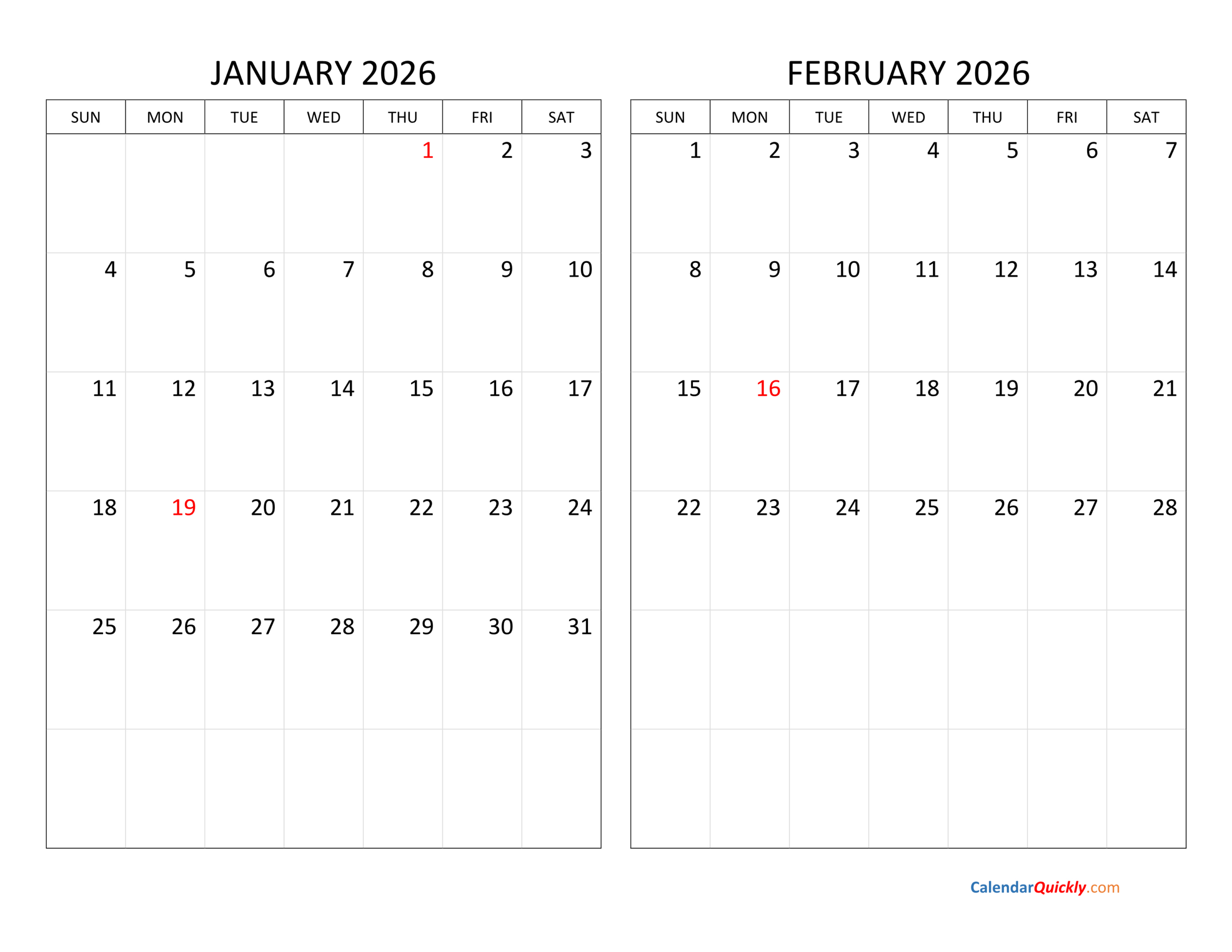 January And February 2026 Calendar | Calendar Quickly for January February 2026 Calendar Printable