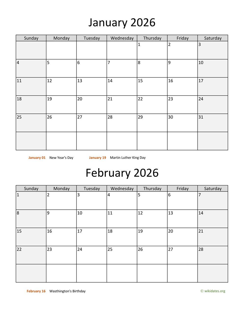 January And February 2026 Calendar | Wikidates intended for January February March 2026 Calendar Printable