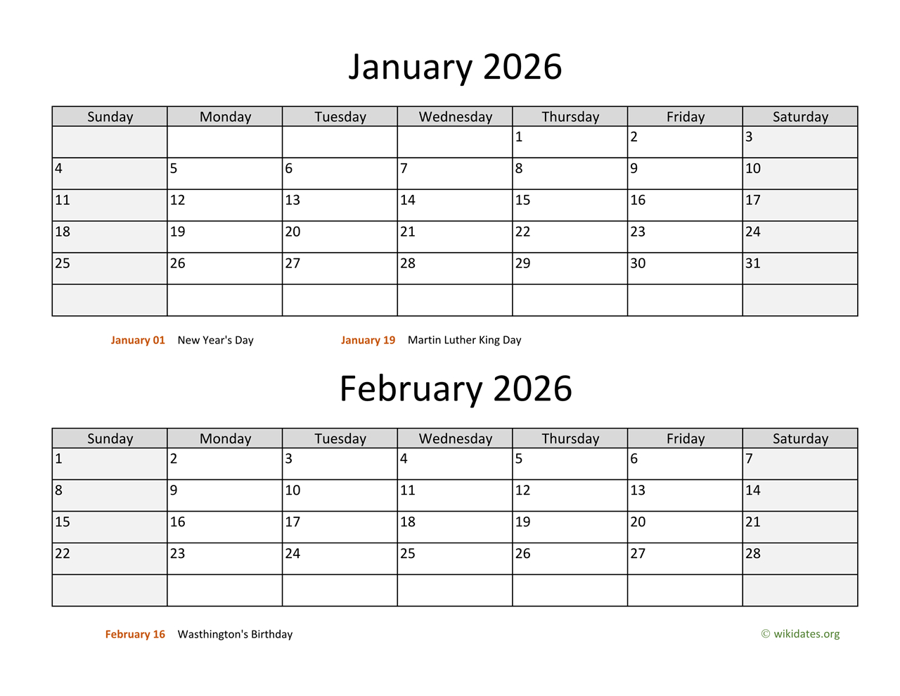 January And February 2026 Calendar | Wikidates with January 2026 And February Printable Calendar