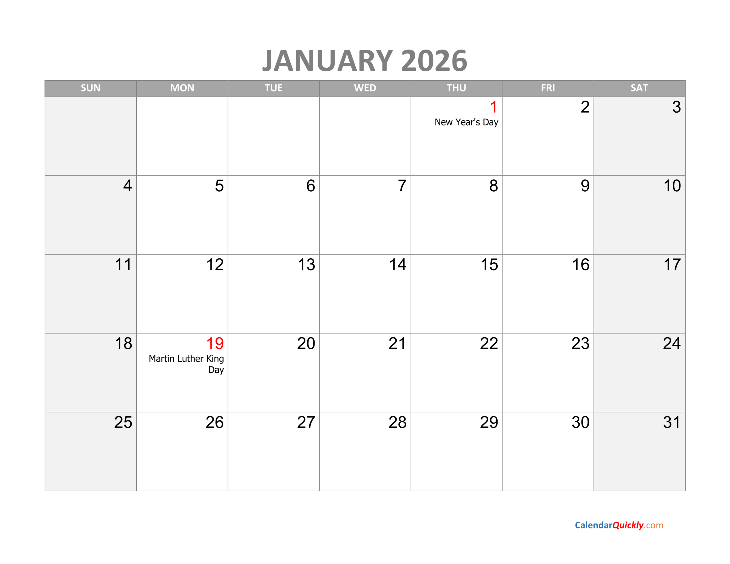 January Calendar 2026 With Holidays | Calendar Quickly in Calendar For January 2026 With Holidays