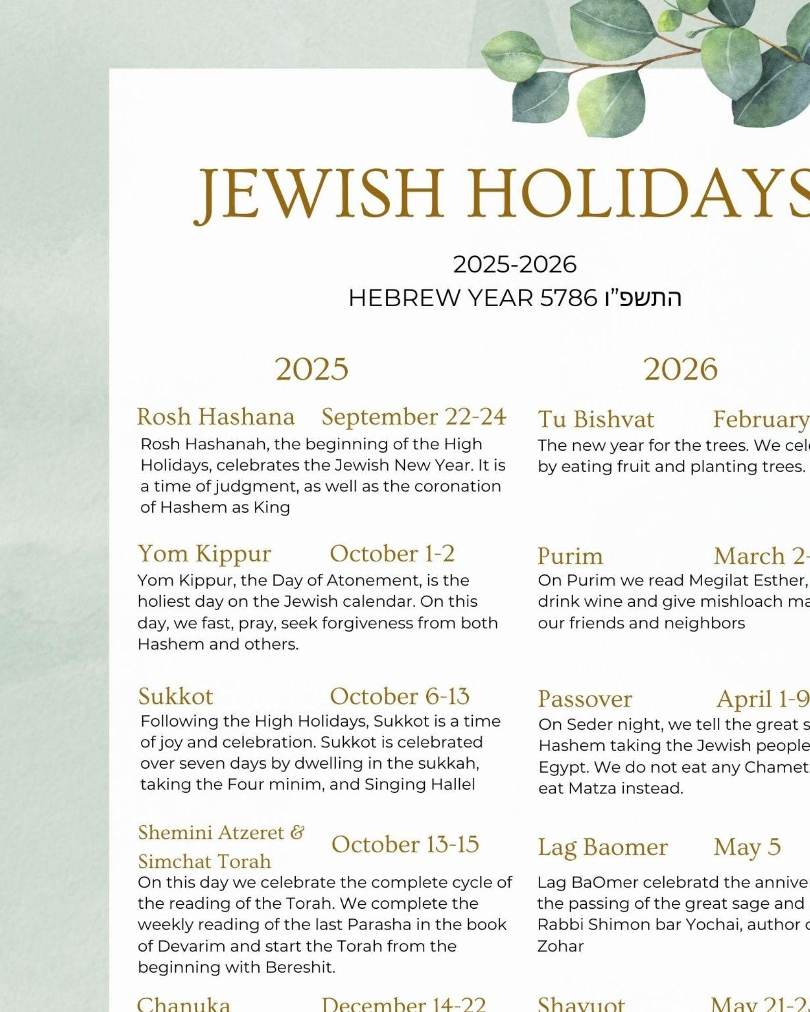 Jewish Holiday Calendar 2025-2026 Rosh Hashanah Gifts Judaica regarding Jewish Holiday Calendar 2026 Printable