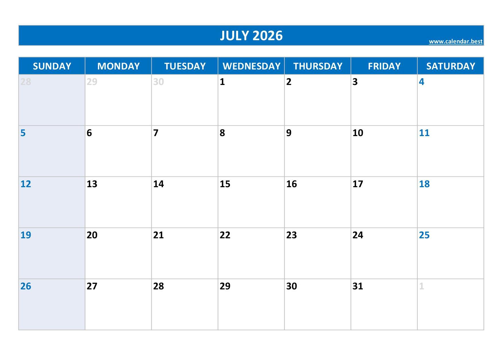 July 2026 Calendar -Calendar.best pertaining to July 2026 Calendar Printable