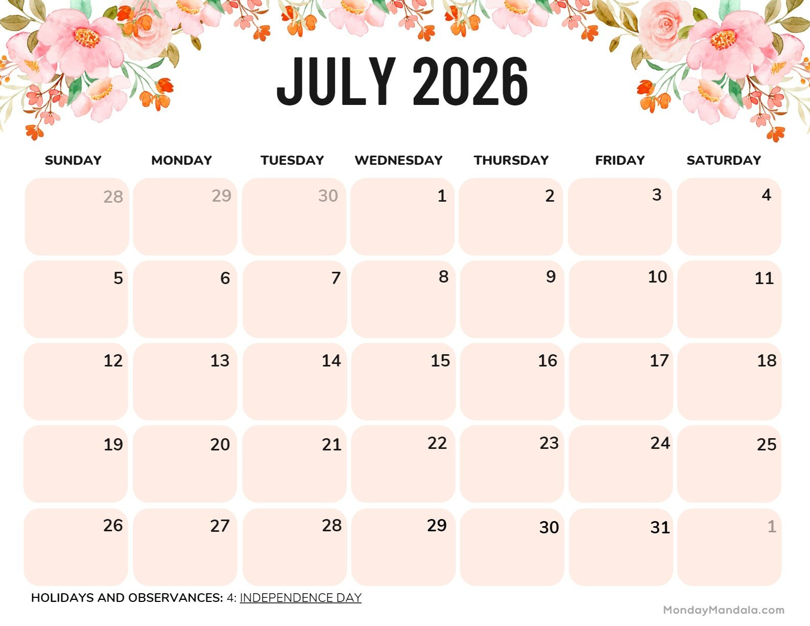 July 2026 Calendars (52 Free Pdf Printables) intended for July 2026 Calendar Printable