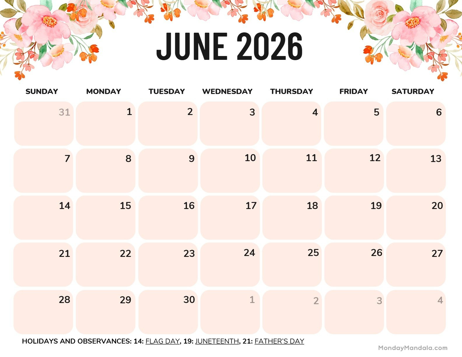 June 2026 Calendars (52 Free Pdf Printables) with regard to June Calendar 2026 Printable