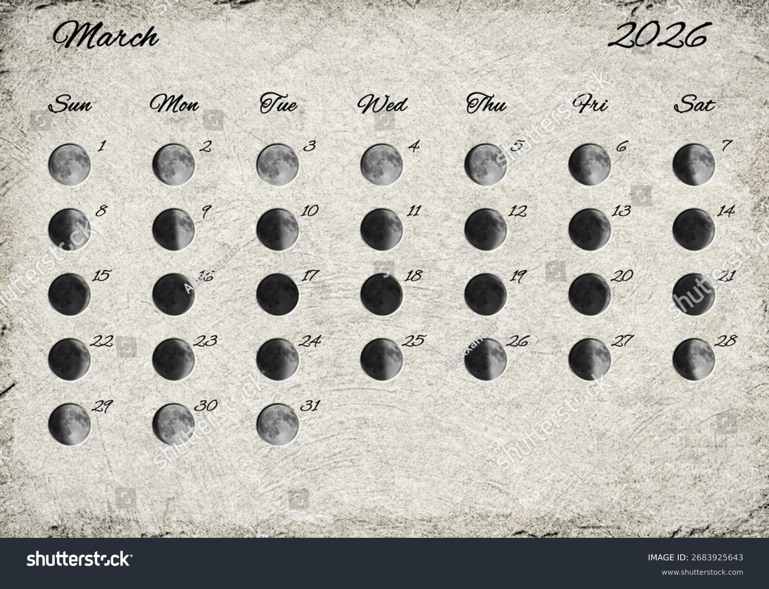 Kalender Der Mondphasen. Altpapier März 2026 Stockfoto 2683925643 in March 2026 Moon Phase Calendar