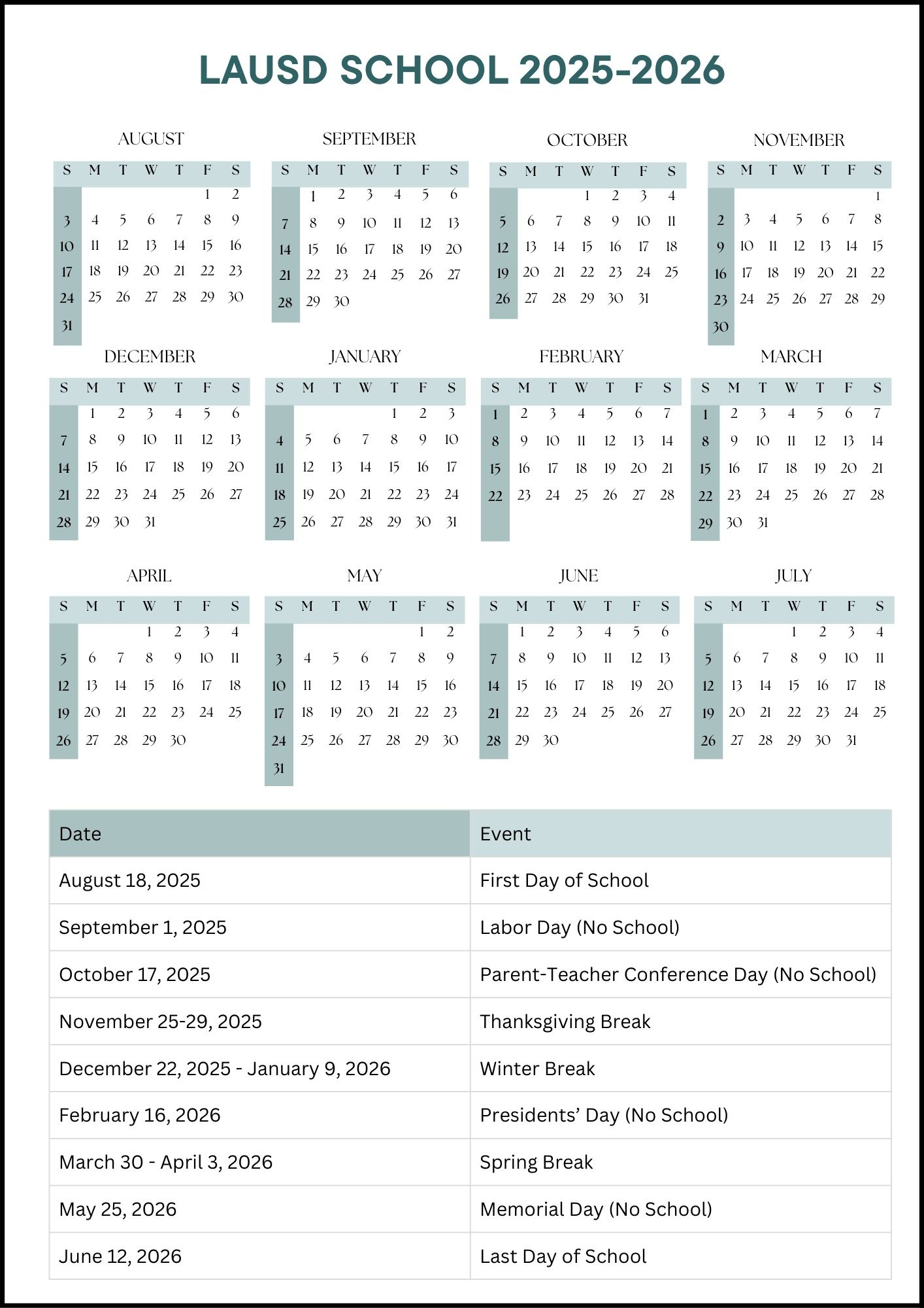 Lausd School Calendar 2025-2026 (Dates) inside Lausd 2025 To 2026 Calendar Printable Free