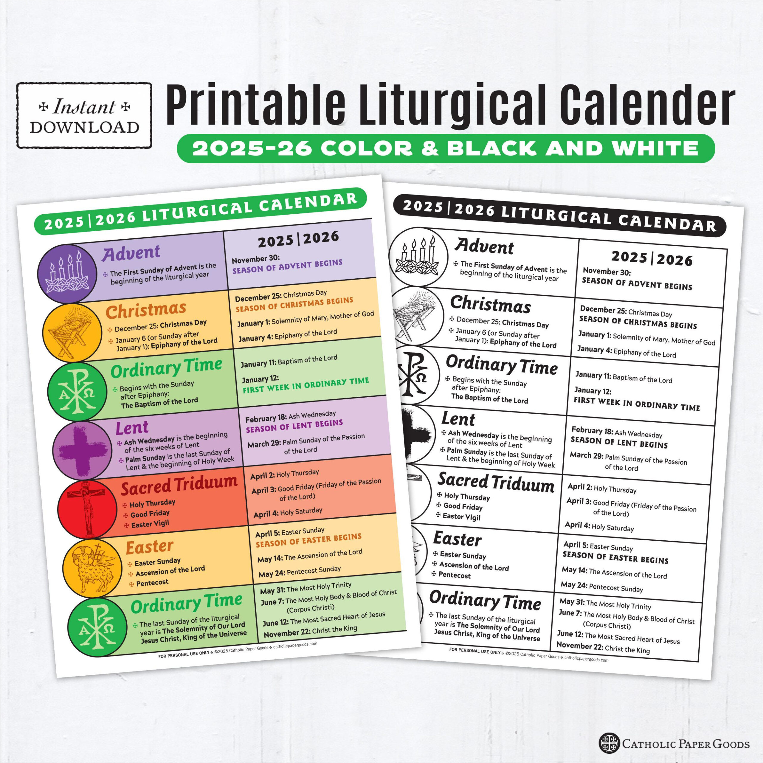 Liturgical Calendar Printable - Etsy throughout Catholic Liturgical Calendar 2026 - 2027
