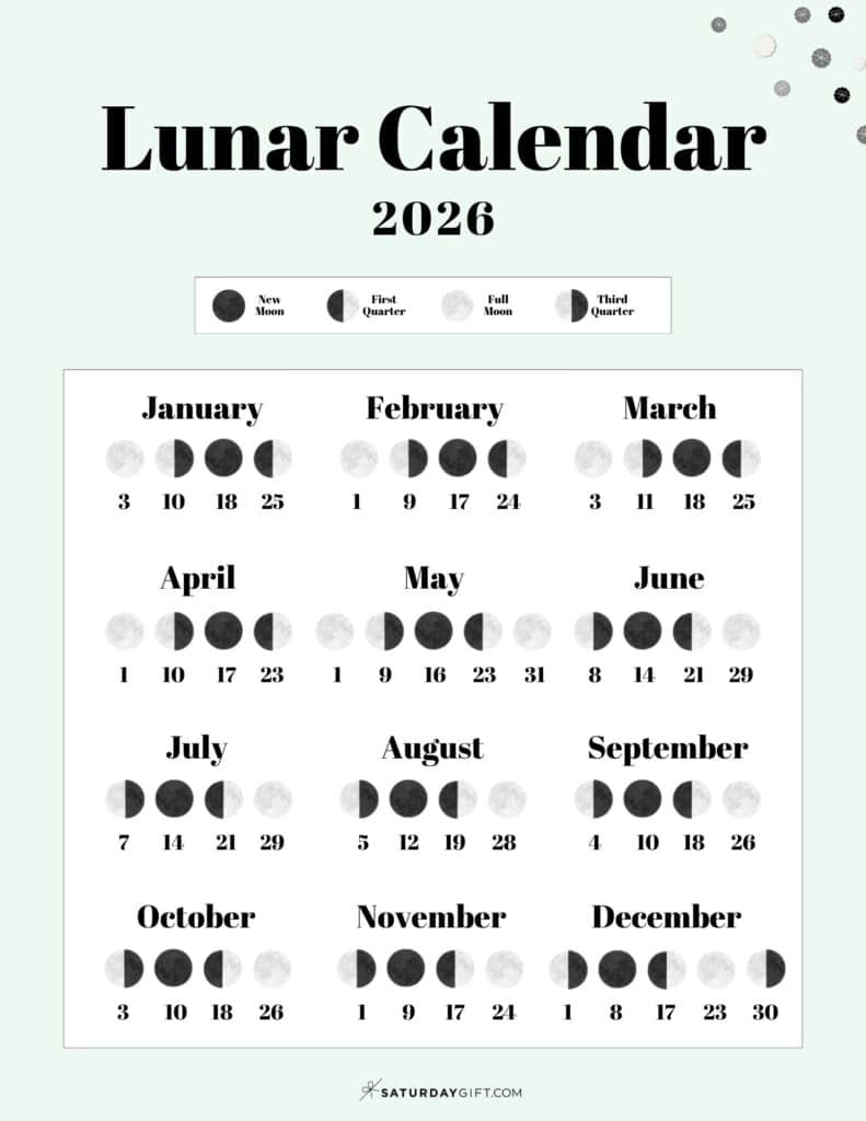 Lunar Calendar 2026 - 12 Moon Phase Calendar Printables for Full Moon Calendar March 2026