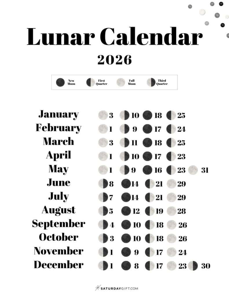 Lunar Calendar 2026 - 12 Moon Phase Calendar Printables regarding March 2026 Moon Phase Calendar