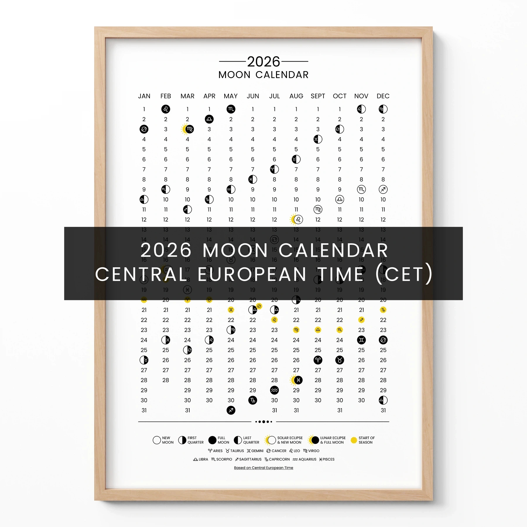 Lunar Calendar 2026 Poster – Moon Phases Wall Art (Cet) with New Moon and Full Moon Calendar 2026
