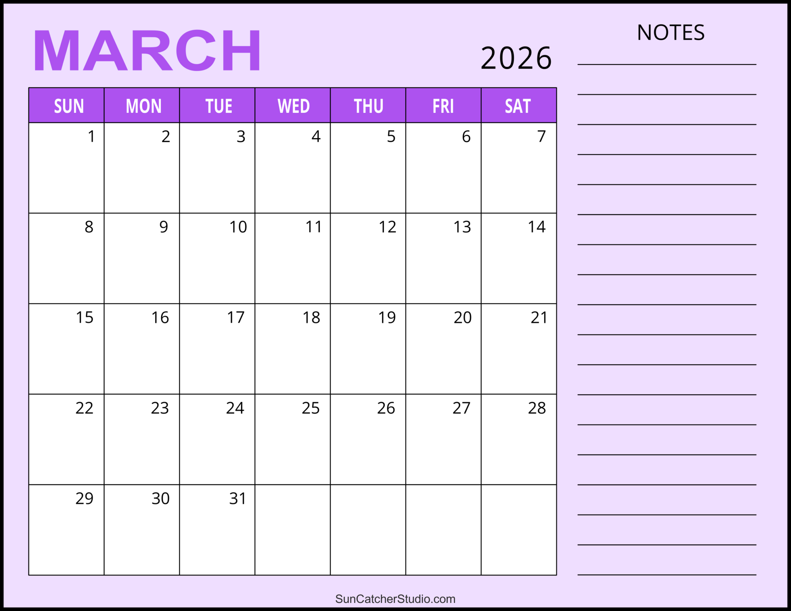 March 2026 Calendar (Free Printable) – Free Printables, Lettering pertaining to Printable 2026 Calendar with Lines