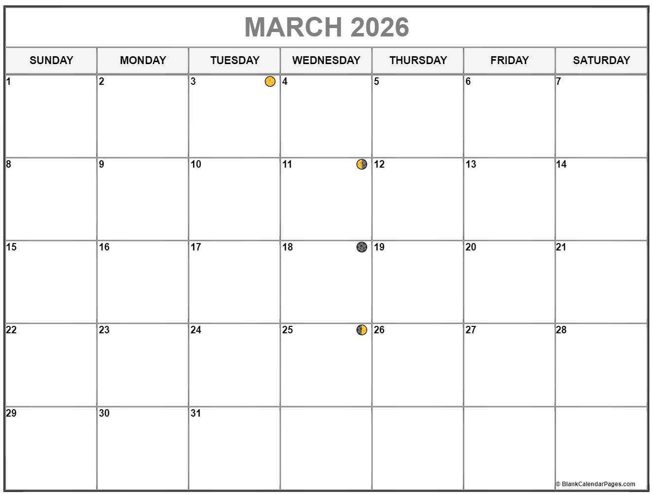 March 2026 Lunar Calendar | Moon Phase Calendar in March 2026 Moon Phase Calendar