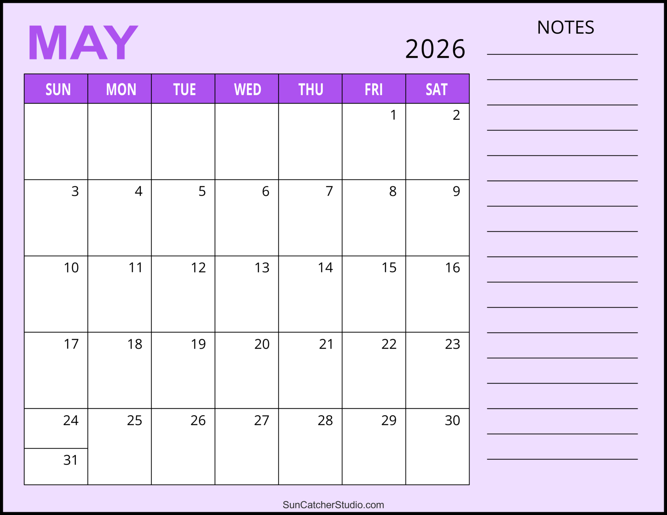 May 2026 Calendar (Free Printable) – Free Printables, Lettering inside 2026 Calendar Printable with Notes