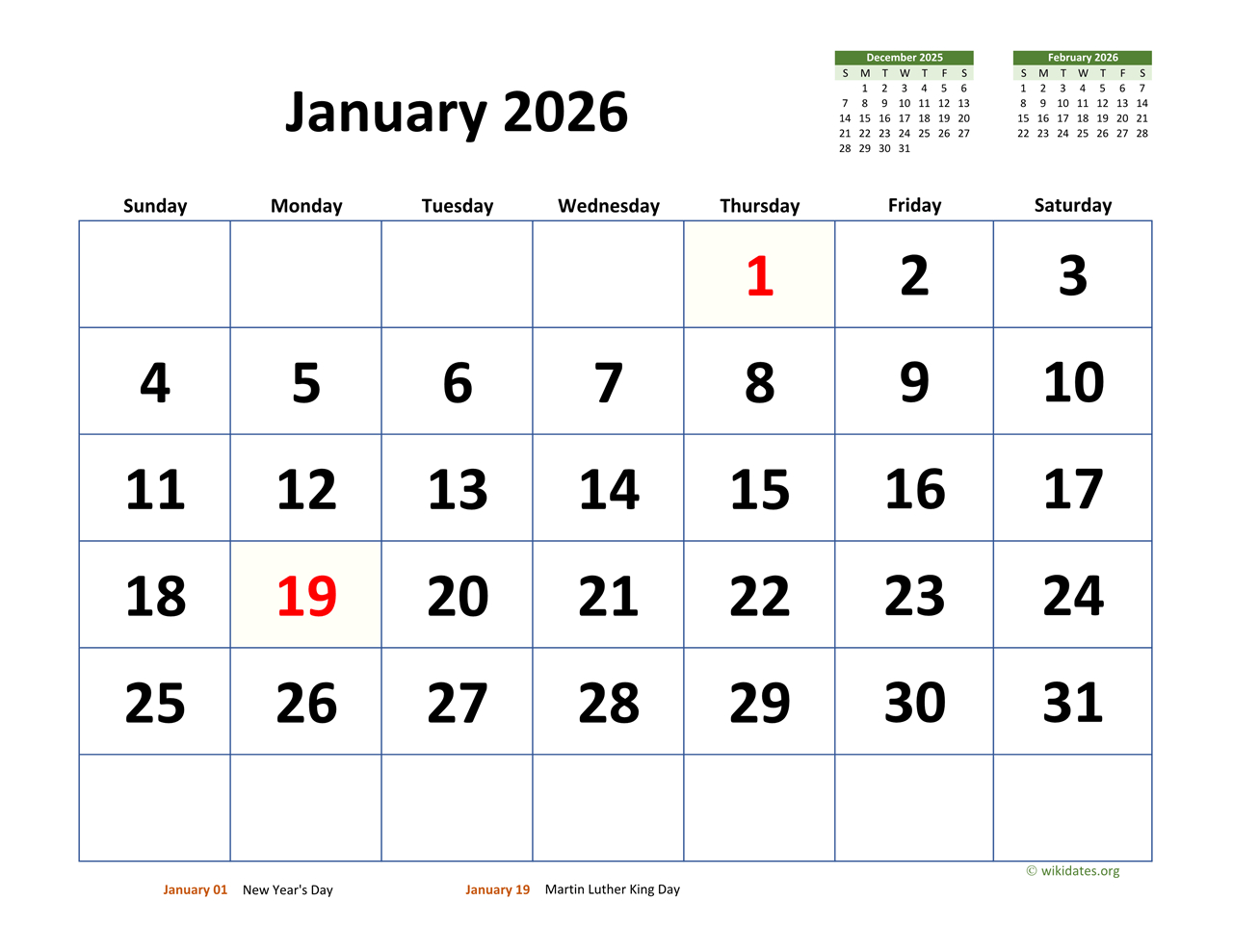 Monthly 2026 Calendar With Extra-Large Dates | Wikidates inside January 2026 Printable Calendar Wiki