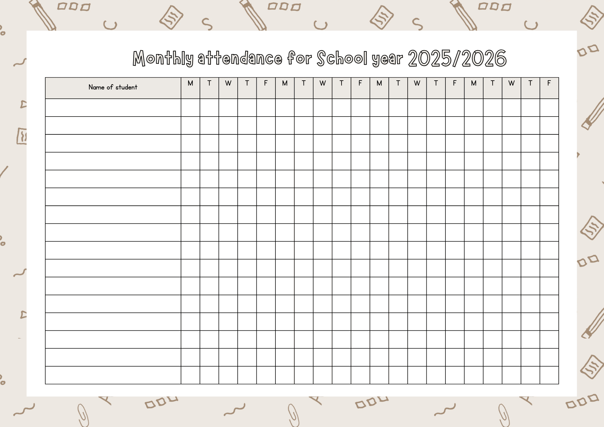 Monthly Attendance List For School Year 2025/2026 throughout 2026 Attendance Sheets