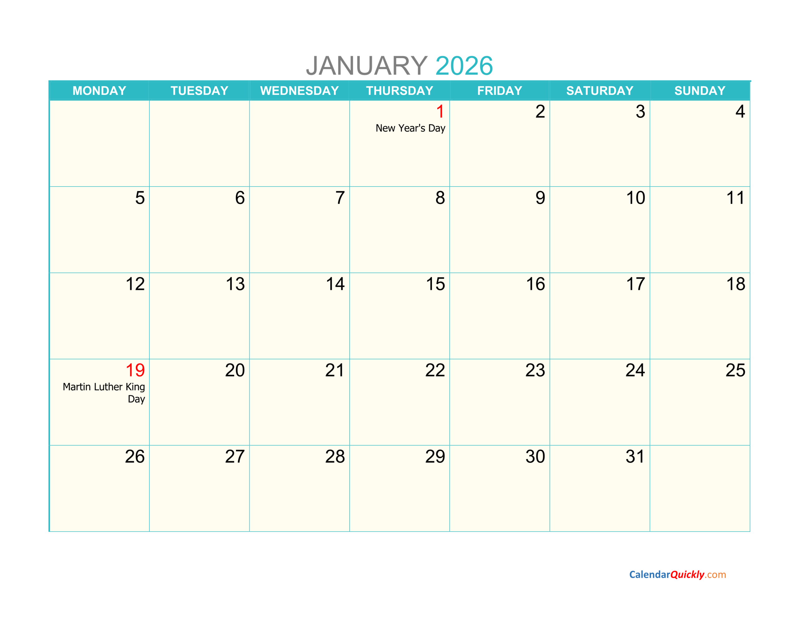 Monthly Monday 2026 Calendar Printable | Calendar Quickly for 2026 Calendar Printable Starting Monday