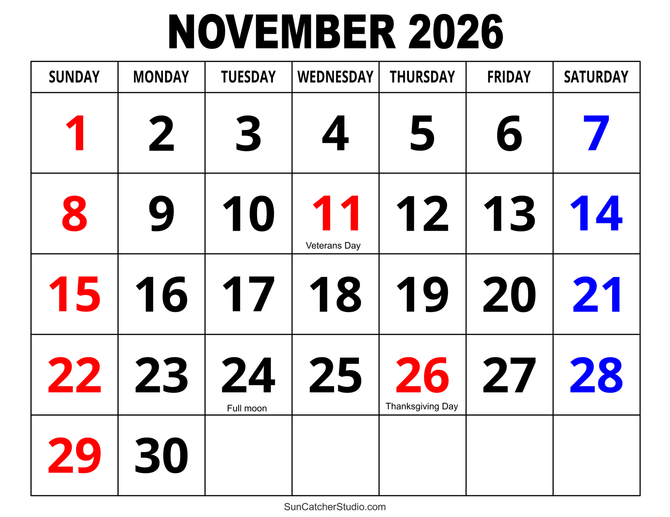 November 2026 Calendar (Free Printable) – Free Printables inside November 2026 Calendar Printable