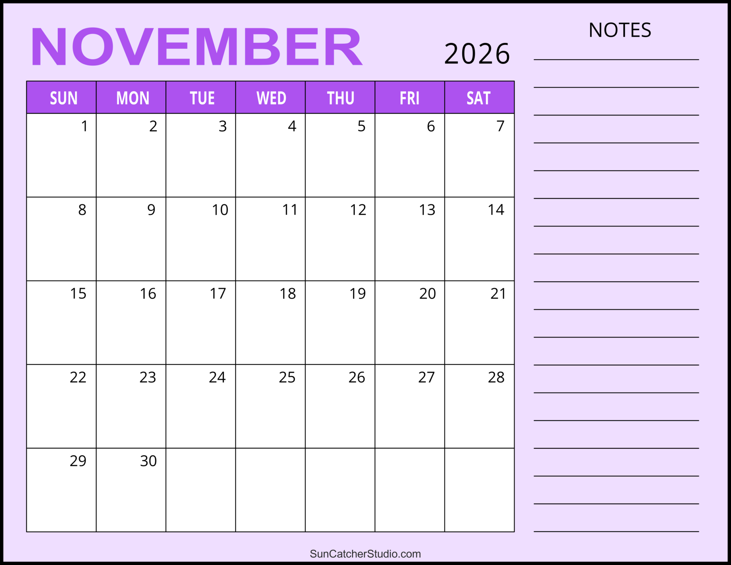 November 2026 Calendar (Free Printable) – Free Printables regarding 2026 Calendar Printable with Lines