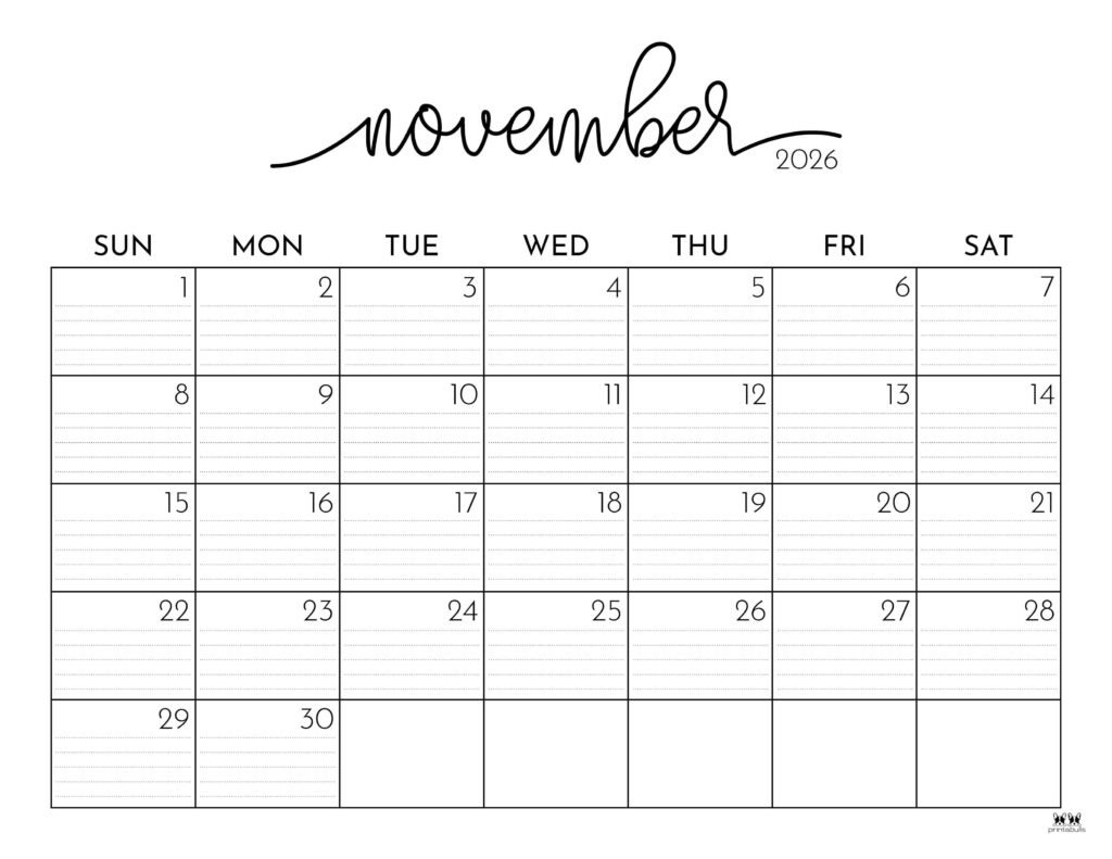 November 2026 Calendars - 123 Free Printables | Printabulls for November 2026 Calendar Printable Free