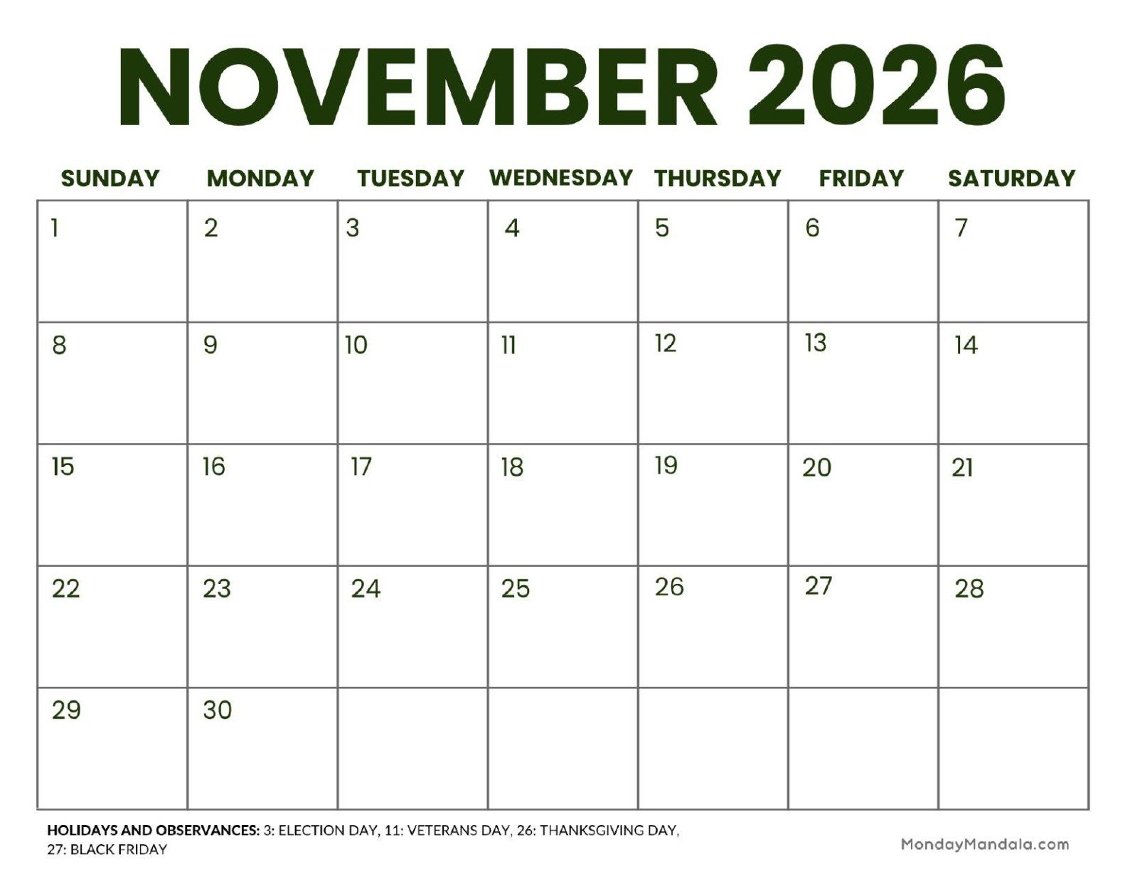 November 2026 Calendars (52 Free Printable Pdfs) intended for November 2026 Calendar Printable